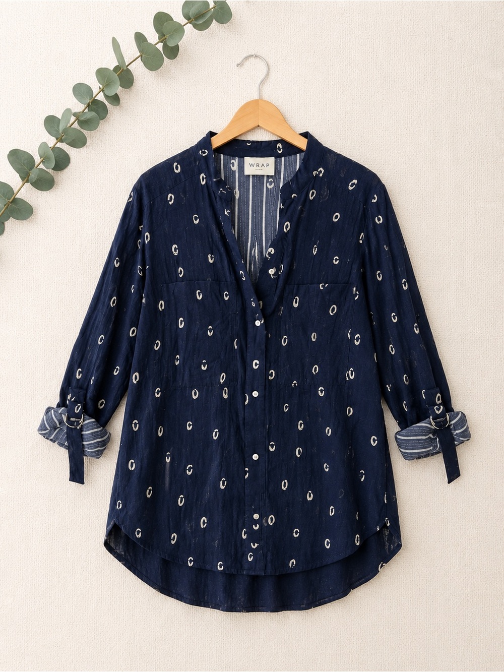 Wrap London navy batik print shirt roll tab sleeve blouse 100% cotton